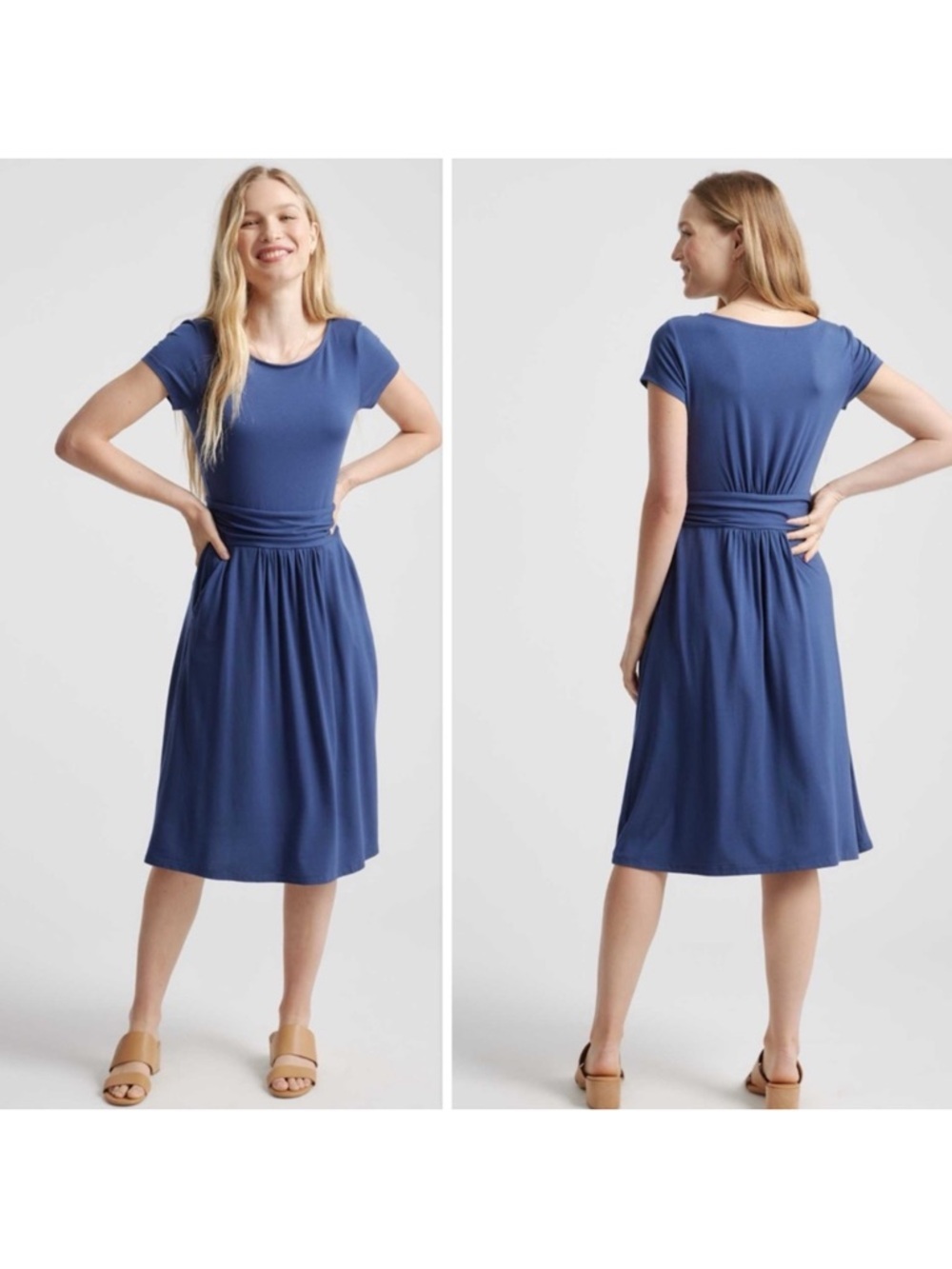 Quince Blue Tencel Jersey Ruched Waist Midi Dress Pockets Size S NWT Stretchy